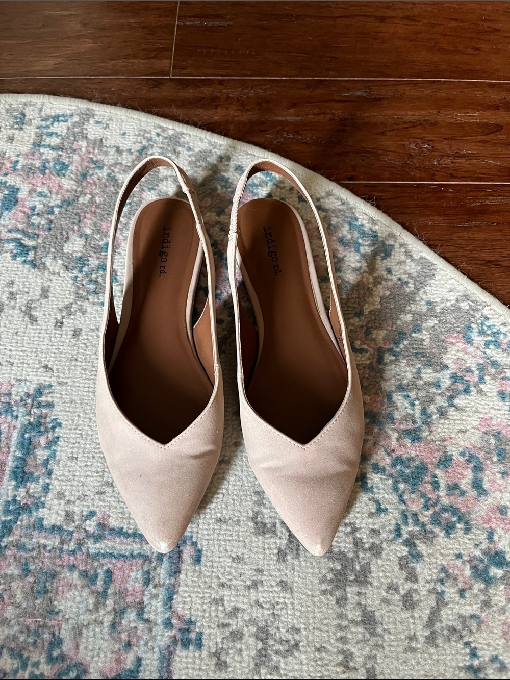 7 1/2M, Indigo Pointed Slingback Flats in Blush